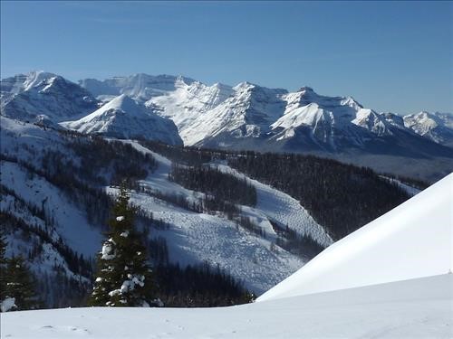 Looking at Paradise Bowl on Lake Louise from top of ridge.