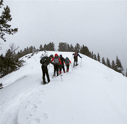 Inge on snowshoes. Yay! And there are mountains hidden in the cloud of white.
