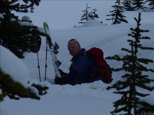 Roy took a plunge into a tree well. Launched out of both skis