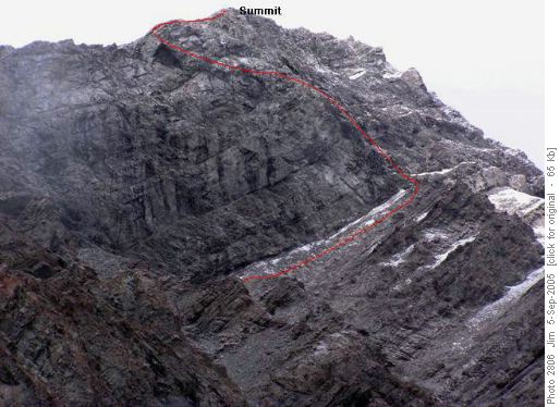 If we had continued, the route to the summit of The Tower would have been to follow the red line.