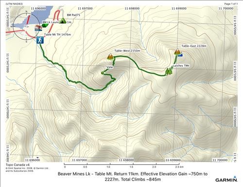 Map of Table Mountain Route of 15Jul18. Return distance ~11km. Effective Elevation Gain ~750m to the Eastern summit at ~2227m elev. Total climbs ~845m.
