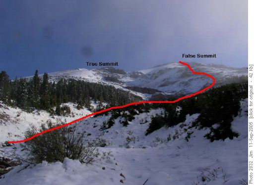 With cloud cover dispersed, we could spot our route up Observation Peak.