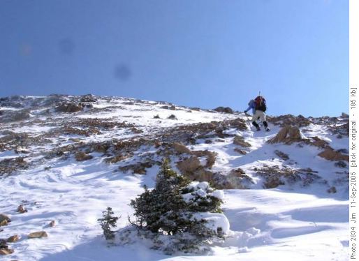 Alda in light snow cover: lower approach slopes of Observation Peak.