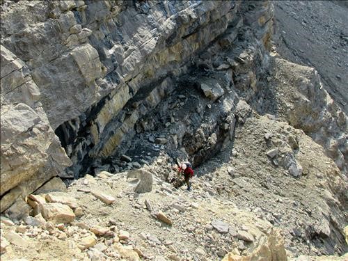 Looking down the scree ramp leading up the lower cliff bands