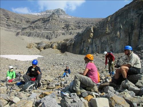 Taking a rest break above the scree ramp
