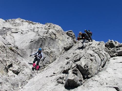 Descending one of the scramble sections on the ridge
