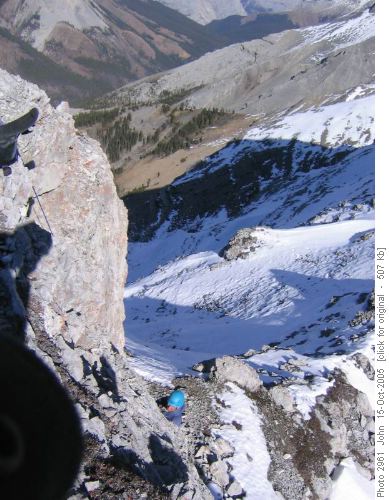 Crux rock step to pinnacle on Princess Margaret Mountain