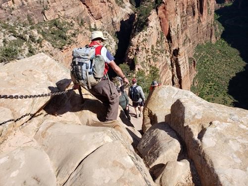 Starting down the chains on Angel's Landing