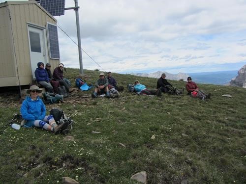 Lunch in the shelter of the radio building on southeast Pigeon