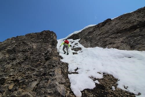 Alda leads the way up the snow filled chute