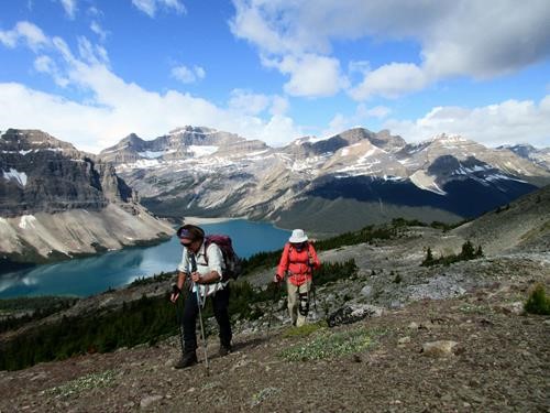Approaching the col with Bow Lake in the background