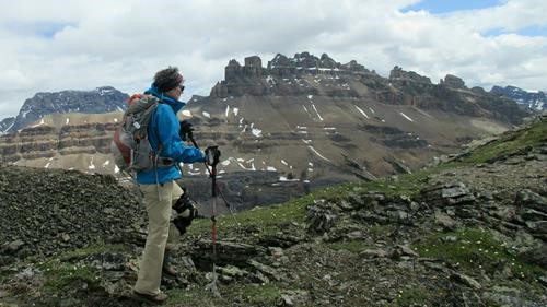 Elaine on the ridge with Dolomite Peak in the backgound