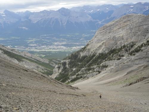 View down ascent bowl from near summit of Mt. Charles-Stewart South Peak (Canmore in the Valley)
