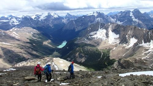 Descending from the summit with Sherbrooke Lake in the distance