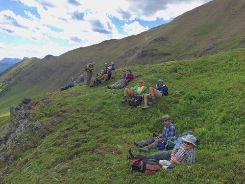 Lunch spot as we descend into Paradise Valley from Grizzly Ridge leaving behind the strong ridge winds