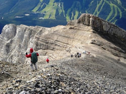 Ramblers (and others) descend from the summit of Mt. Cascade (Norquay ski runs in background)