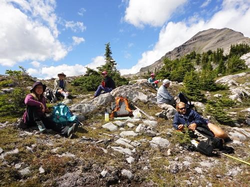 {1947 ca li}, {2030 in r}, {841 co rit}, {1284 y i}, {1953 ba pea} and {1189 ja has} relax near Bustall Pass on descent from Snow Peak