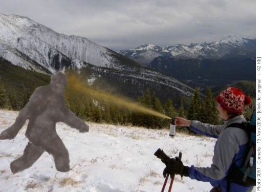Sandy repelling the Terrible Sasquatch with Carl's vintage 1998 pepper spray
