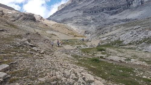 Descending Dolomite Pass' south face into the hidden Valley draining into Mosquito Creek