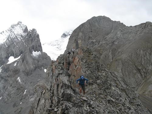Scrambling up Burstall's south ridge