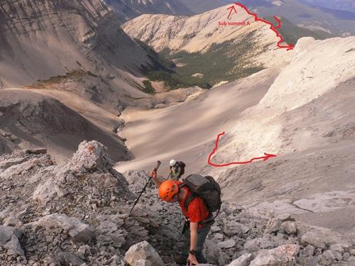It is a long ridge! Bottom red line shows our ascent route bypassing the crux buttress.