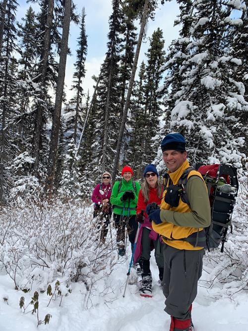 Snowshoeing up Twin Lakes Trail: Cornelis, Glenda, Theresa and Jane