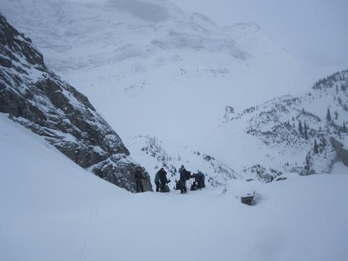 Lunch ,Hero's col upper right route to the col follows treed ridge line