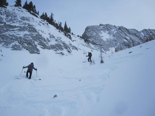 skiing a shark infested gully . I ptexed more than one rock !