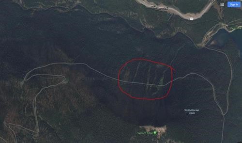Google map view of Gypsum Mine road, avalanche tracks circled