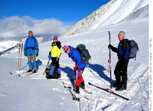 Deskinning at Deception Pass (Skoki Mtn behind David)