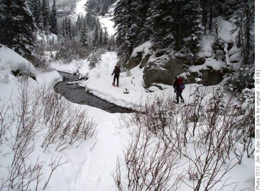 Jeannine and Jerome snowshoe along French Creek.
