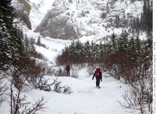 Jeannine and Jerome approaching an avalanche runout in the French Creek area.