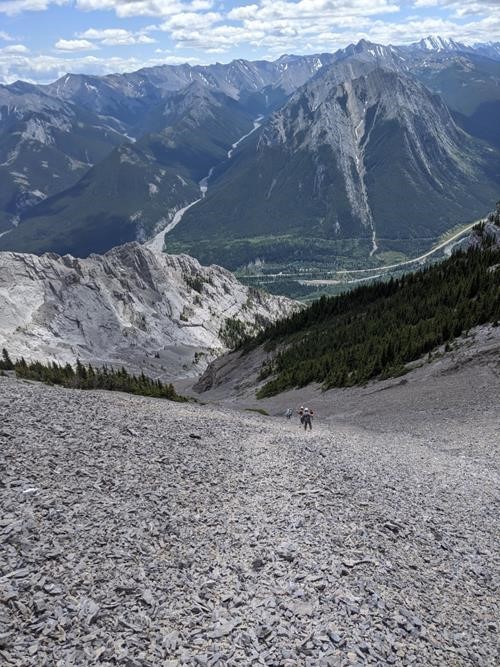 Quick scree descent followed by traverse left at trees to avoid cliffband (photo {1701 u m})