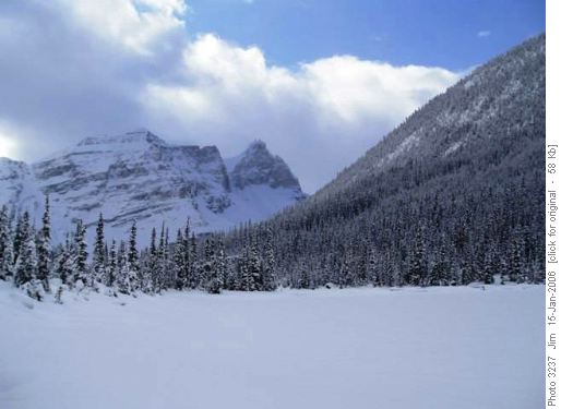 Looking south from Sherbrooke Lake towards Cathedral Crags and Cathedral Mountain.
