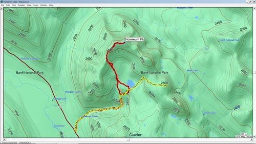 Route to Peak (Spirko) in Red, Route to Ridge in Yellow