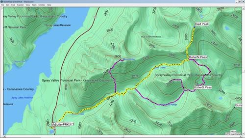 GPS Track on TOPO (In yellow), other trails (in purple) 