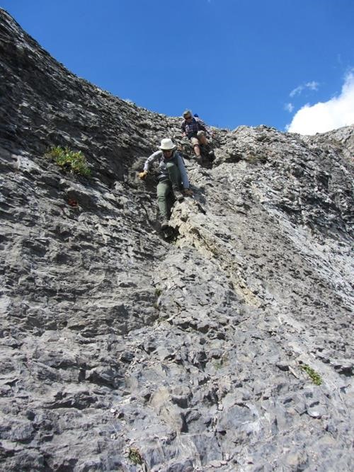 gingerly descending the steep limestone