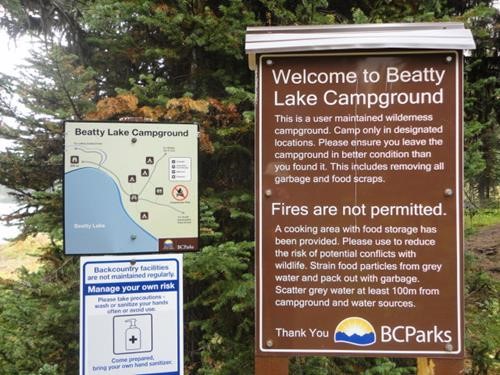 Signs at (free) Beatty Lake Campground, BC, near South Kananaskis Pass
