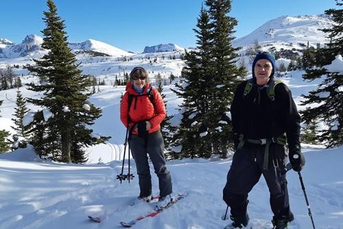 Barb and Terry at our high point (Great Divide behind Barb, Twin Cairns behind Terry)