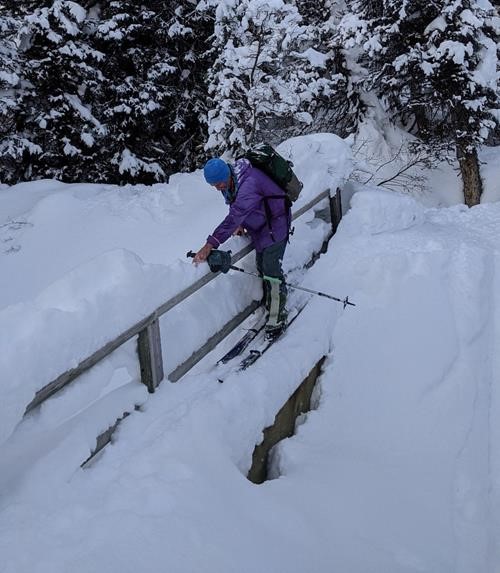 Coordinator {212 d mu} struggles to cross the Simpson River bridge apparently designed for the rare one-legged skier