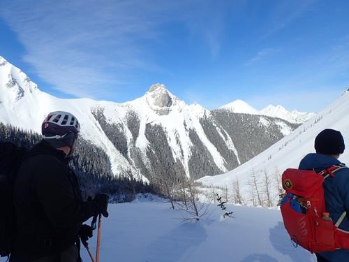Decisions, Take the gully in the center, or traverse right below the slopes.