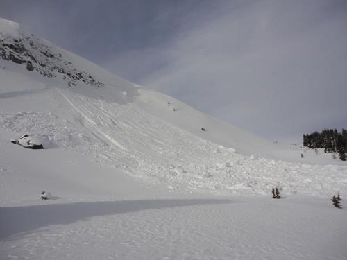 Avalanche debris off Quartz Ridge near Sunshine Meadows