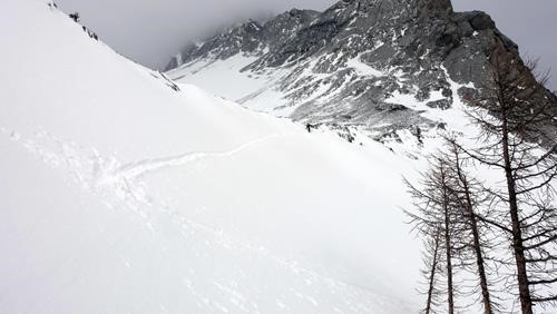 Breaking trail up the crux slope.