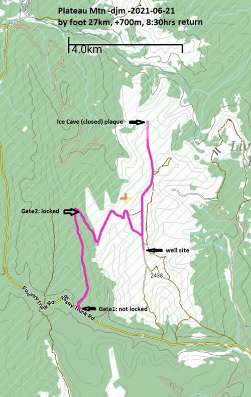 Plateau Mtn trail map showing route walked in June 2021. All of this could be cycled. 