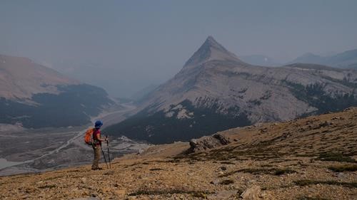 Mt Wilcox, Sunwapta Peak and Tangle Ridge in the distance obscured by smoke.