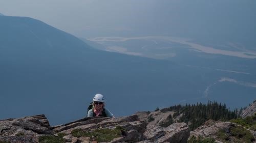 Jane with the barely visible Athabasca River below.