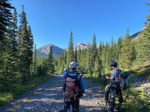 Biking along Big Elbow trail with Cougar false summit in the distance