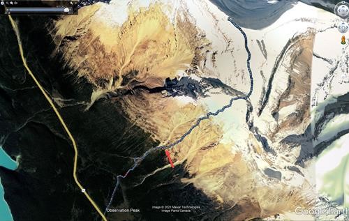 Route up Observation Peak via the Kane route. Move from the gully to spur at red arrow. 