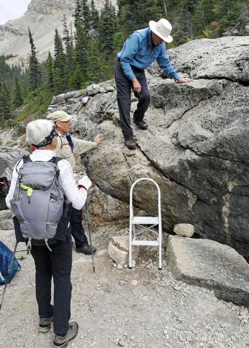 Handy step stool making the crux climb over The Boulder easier - photo from Bill