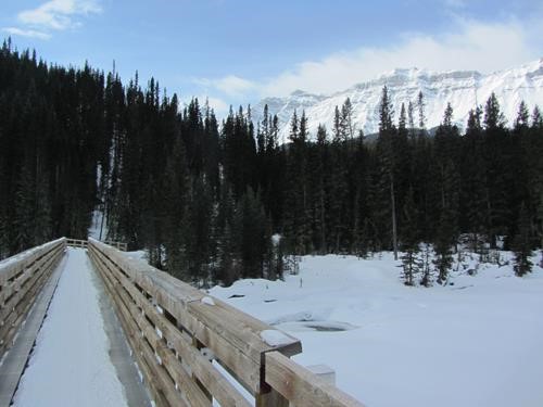 A somewhat slick and narrow snowbase on the the Cascade River bridge